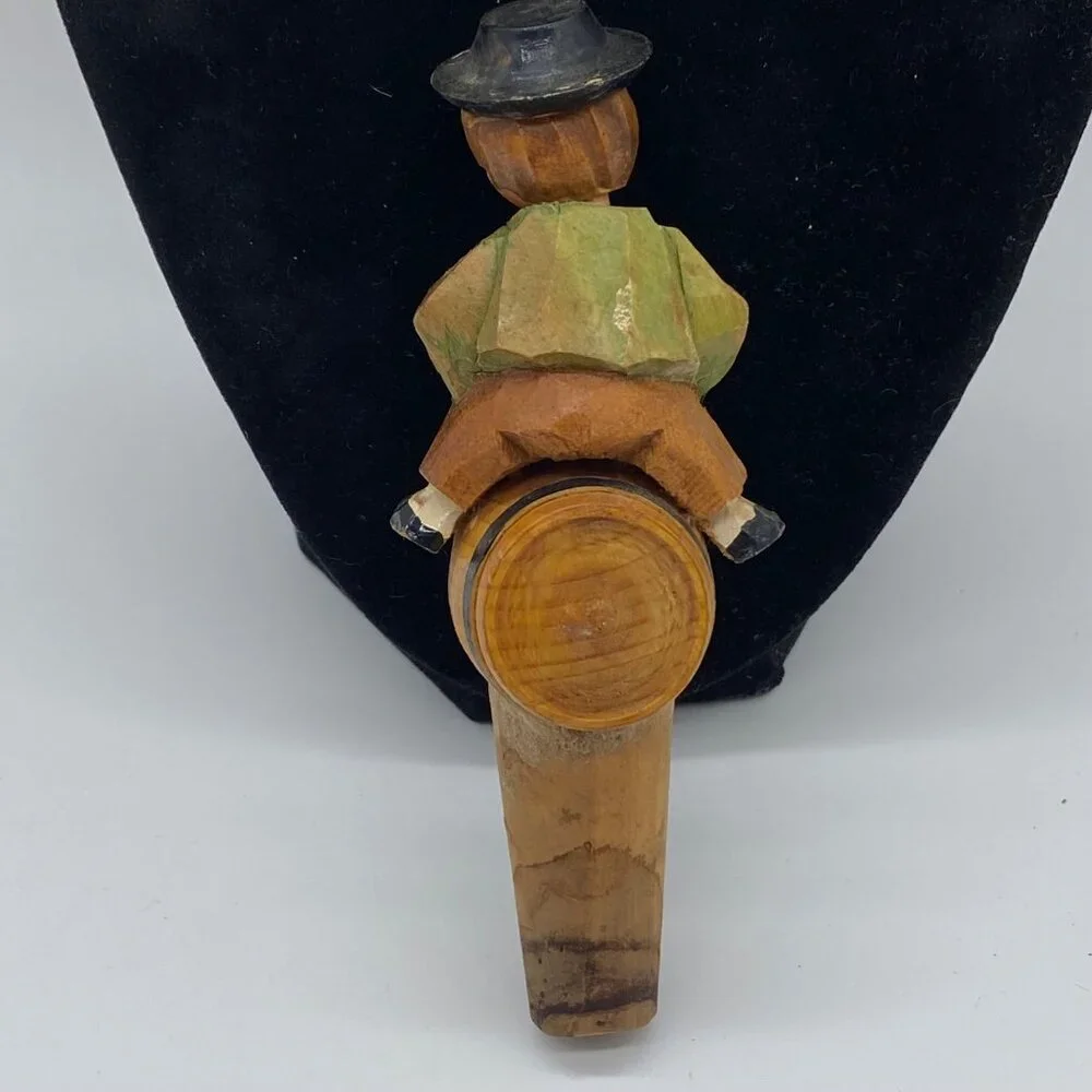 Vintage ANRI Bobble Head Boy on Barrel Cork Wine Bottle Stopper Handcarved Italy